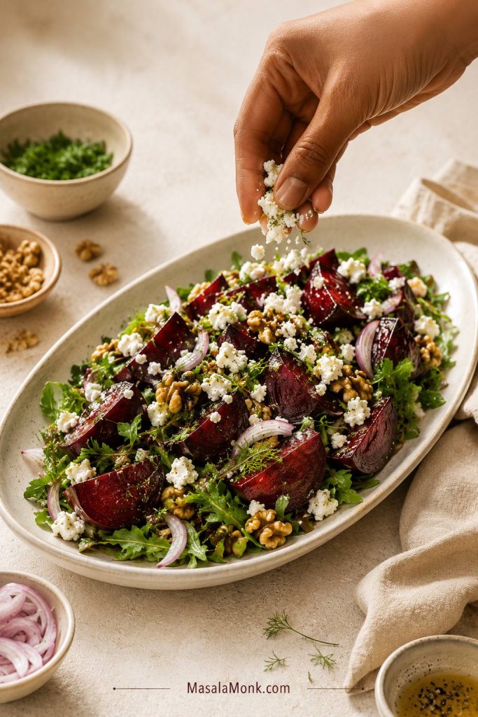 Hand sprinkling feta over roasted beet salad with walnuts, herbs, and greens on a cream platter.