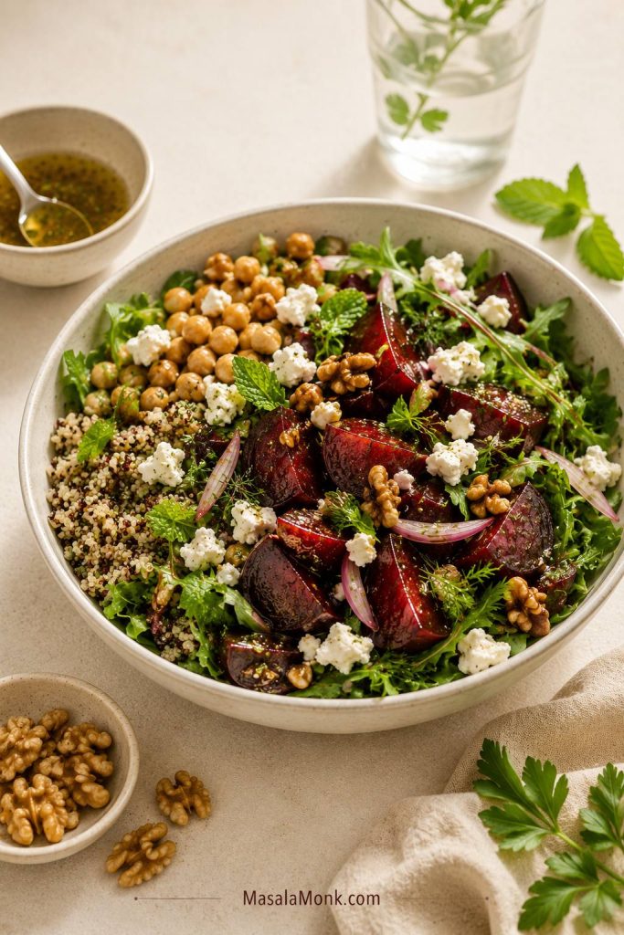 Beet salad lunch bowl with quinoa, chickpeas, roasted beets, feta, and walnuts.