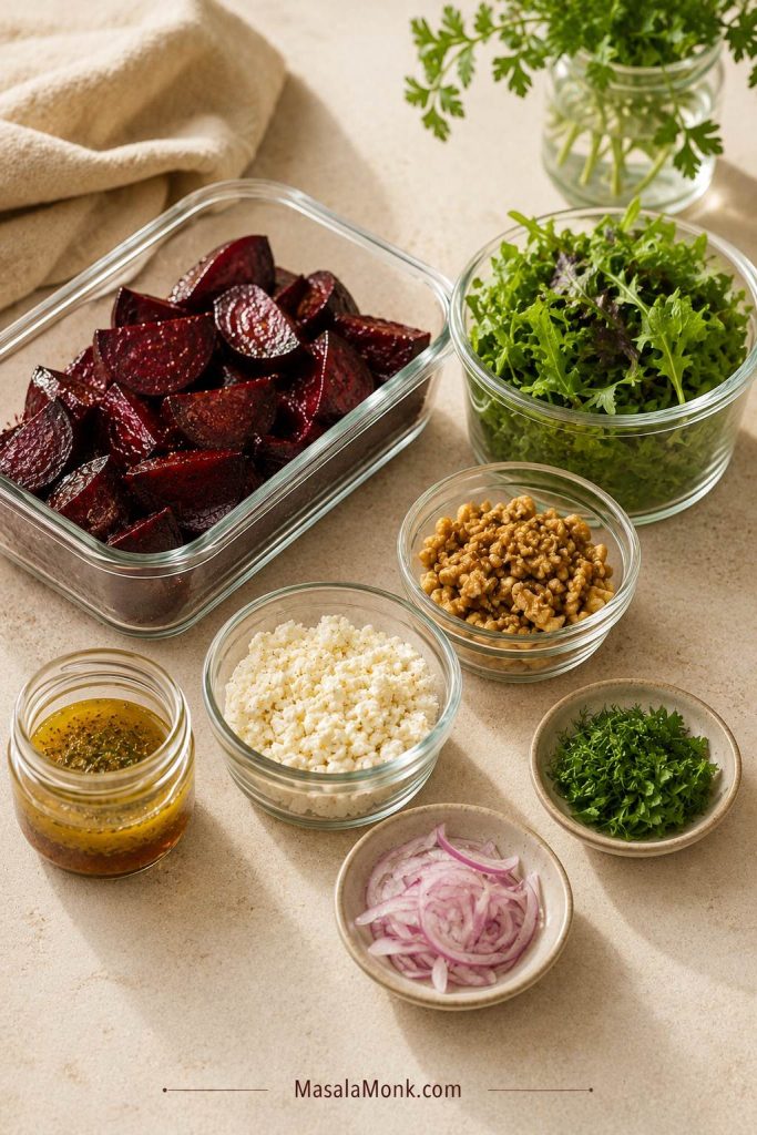 Separate containers of roasted beets, greens, feta, walnuts, herbs, red onion, and dressing.