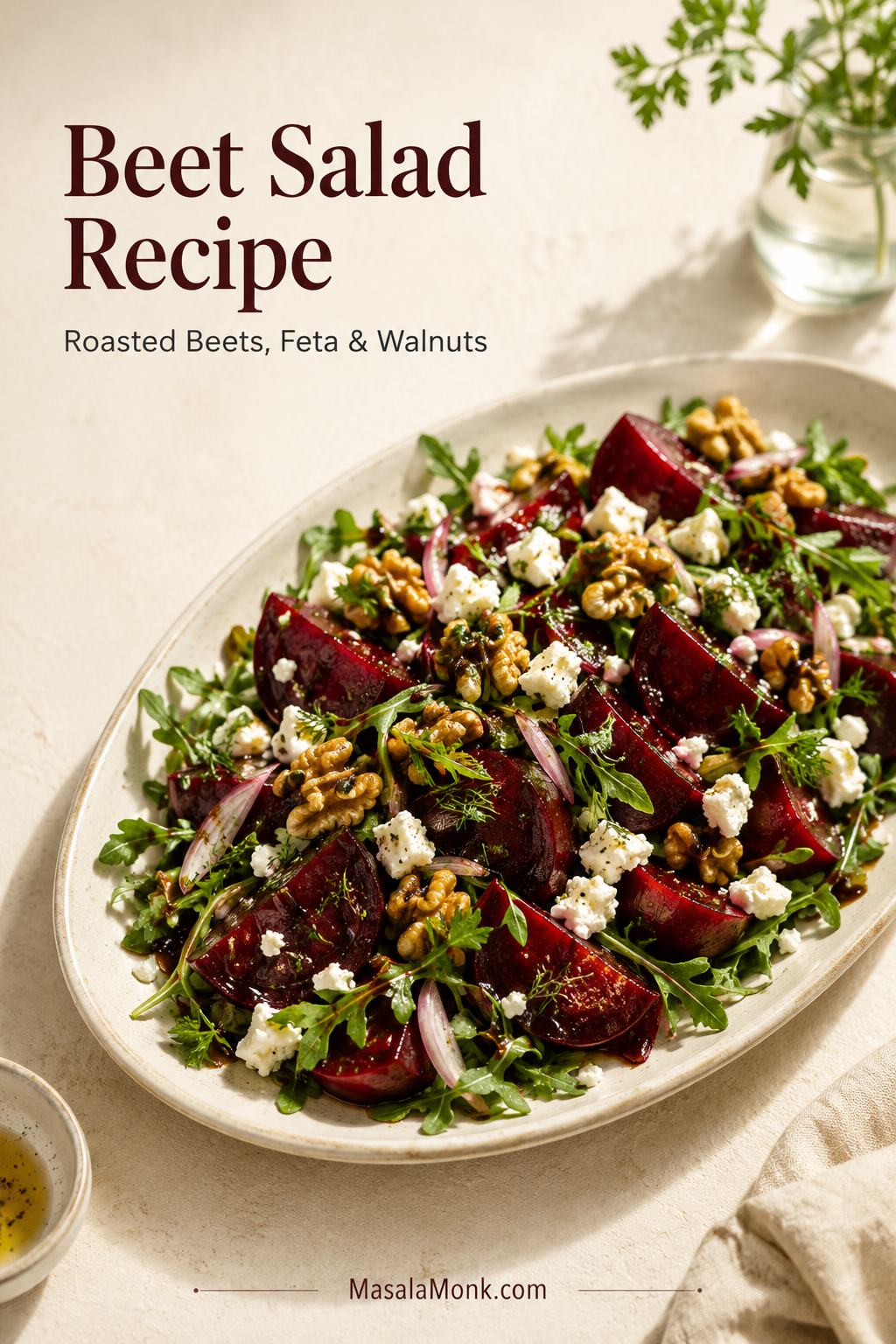 This roasted beet salad stands out because it combines sweet beet wedges with salty feta, toasted walnuts, peppery greens, herbs, and a bright lemon-balsamic finish.