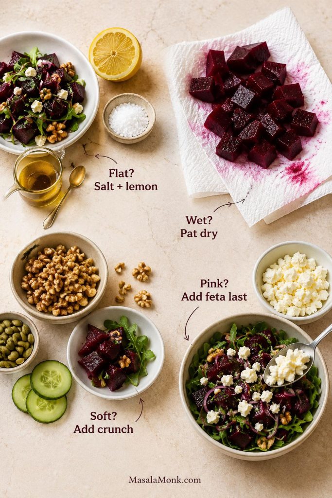 Beet salad troubleshooting guide showing lemon and salt, patted dry beets, walnuts and cucumber for crunch, and feta added last.