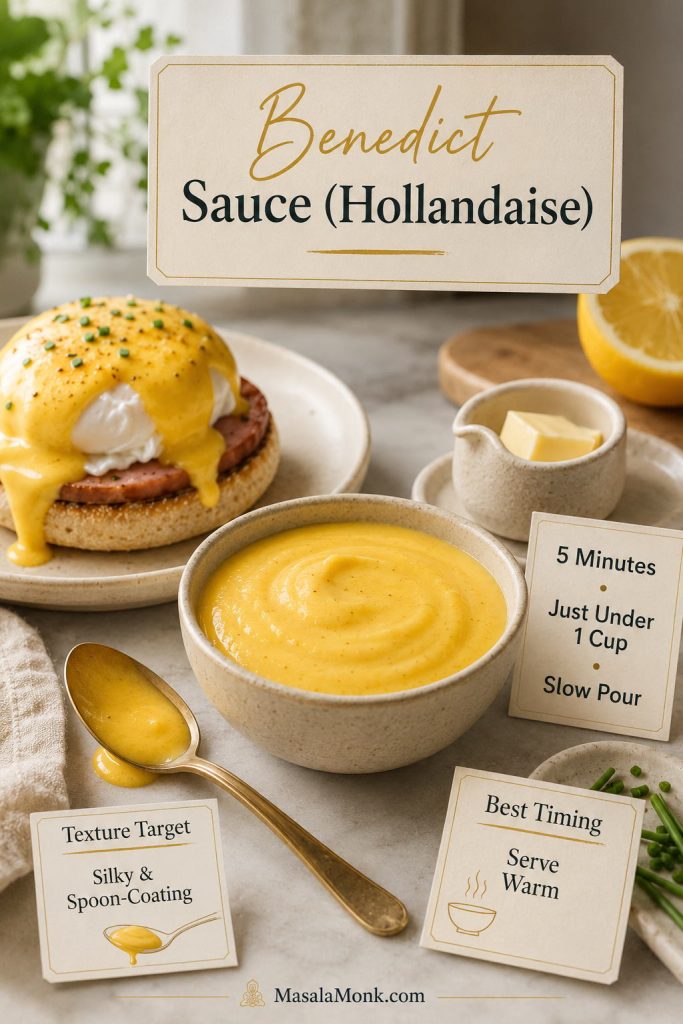 Benedict sauce at-a-glance guide with hollandaise, lemon, poached egg, and time, yield, and slow-pour cues.
