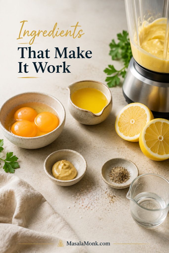 Ingredients for Benedict sauce including egg yolks, melted butter, lemon, Dijon mustard, salt, cayenne, and hot water.