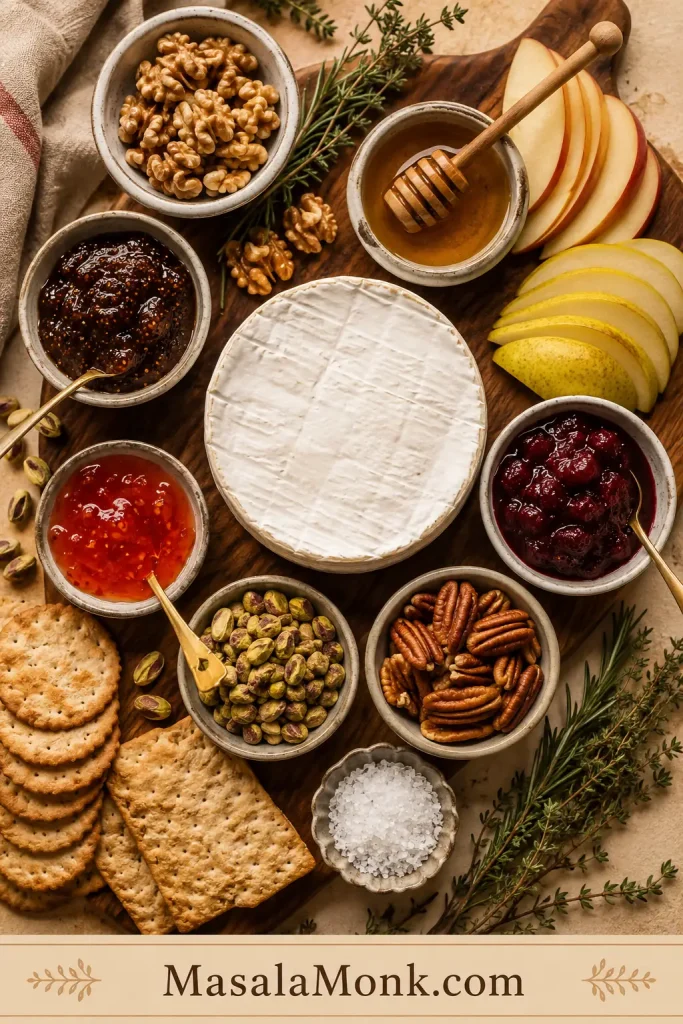 Overhead board of baked brie toppings including honey, fig jam, cranberry sauce, pepper jelly, nuts, herbs, fruit, crackers, and flaky salt.