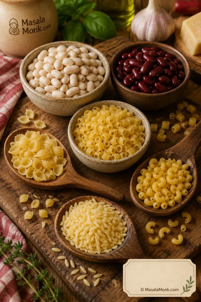 Bowls and spoons of cannellini beans, kidney beans, ditalini pasta, small shells, elbows, and orzo for minestrone soup.