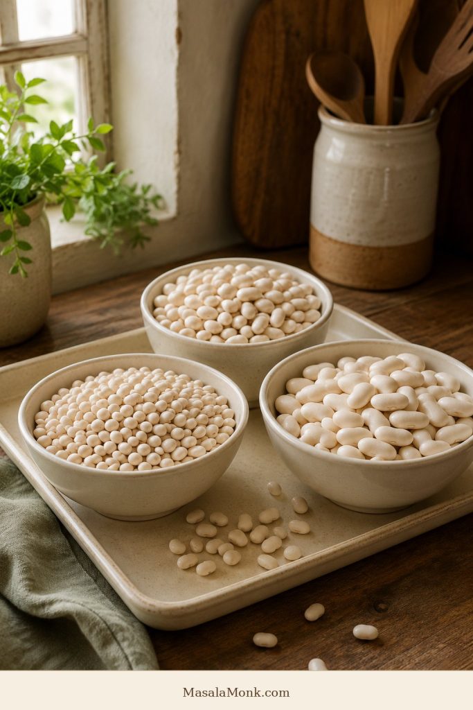Three bowls showing different white beans for baked beans.
