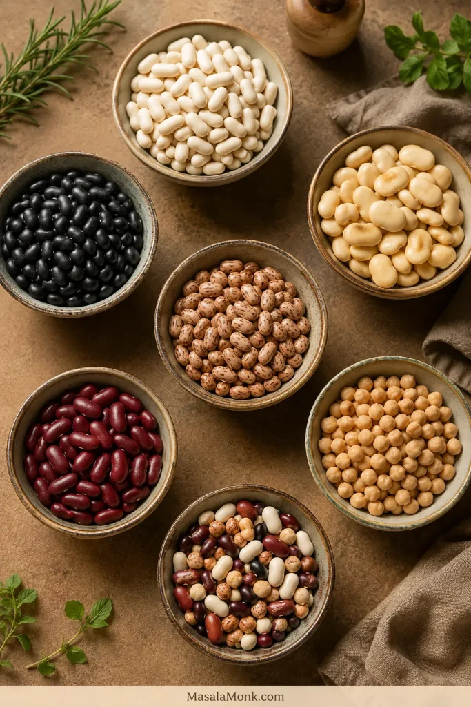 Several bowls of different beans for stew, including white beans, butter beans, black beans, pinto beans, kidney beans, chickpeas, and mixed beans.