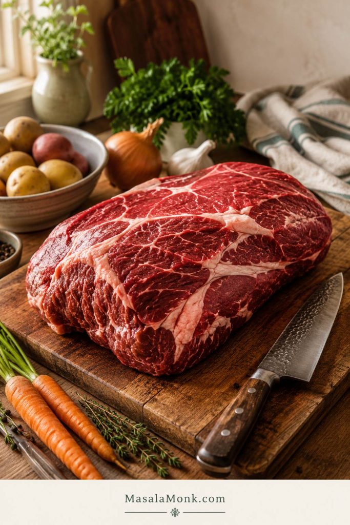 A whole beef chuck roast with visible marbling on a wooden cutting board beside a chef’s knife.