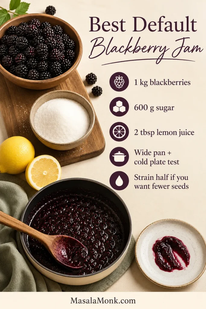 Blackberry jam ingredient board showing blackberries, sugar, lemon juice, a wide pan, and a cold plate test with the ratio 1 kg blackberries, 600 g sugar, and 2 tablespoons lemon juice.