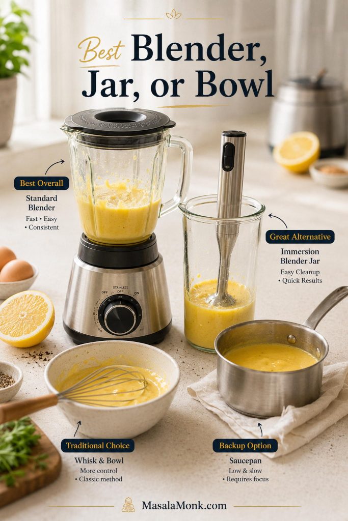 Standard blender, immersion blender jar, whisk bowl, and saucepan arranged as hollandaise equipment options.