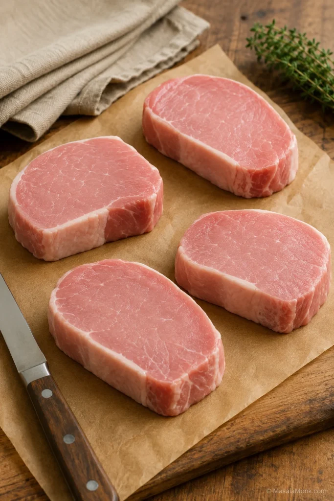 Even-thickness raw center-cut boneless pork chops arranged on butcher paper.
