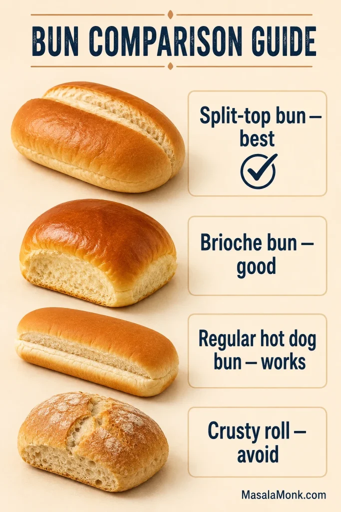 Bun comparison guide showing a split-top bun marked best, a brioche bun marked good, a regular hot dog bun marked works, and a crusty roll marked avoid.