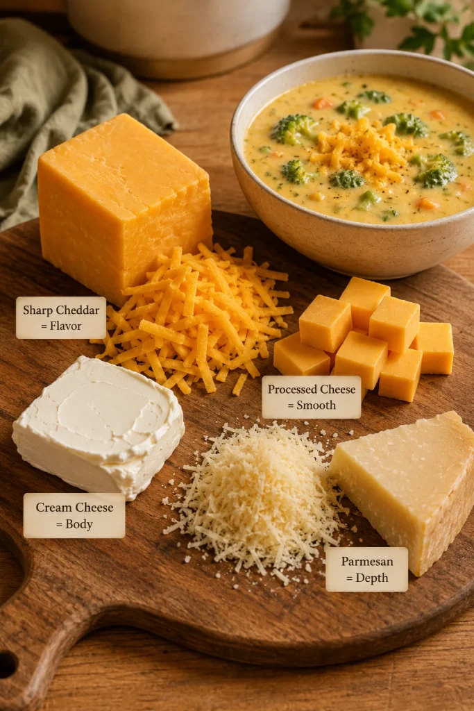 Cheese board with sharp cheddar, shredded cheddar, processed cheese cubes, cream cheese, Parmesan, and a small bowl of broccoli cheese soup.