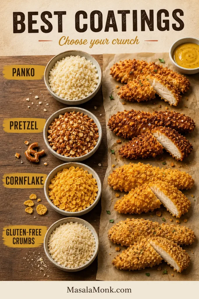 Coating comparison board showing panko, pretzel, cornflake, and gluten-free crumbs with chicken tender samples.