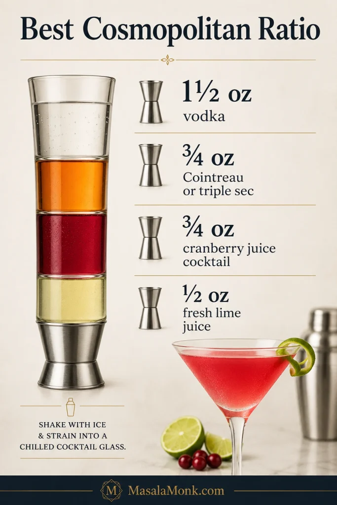 Cosmopolitan ratio guide showing vodka, orange liqueur, cranberry juice cocktail, and fresh lime juice measurements.