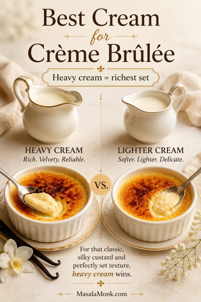 Cream comparison board for crème brûlée showing heavy cream as the richest option compared with lighter cream.