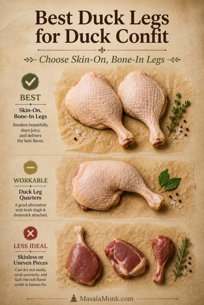 Guide comparing skin-on bone-in duck legs, duck leg quarters, and less ideal skinless or uneven duck pieces.