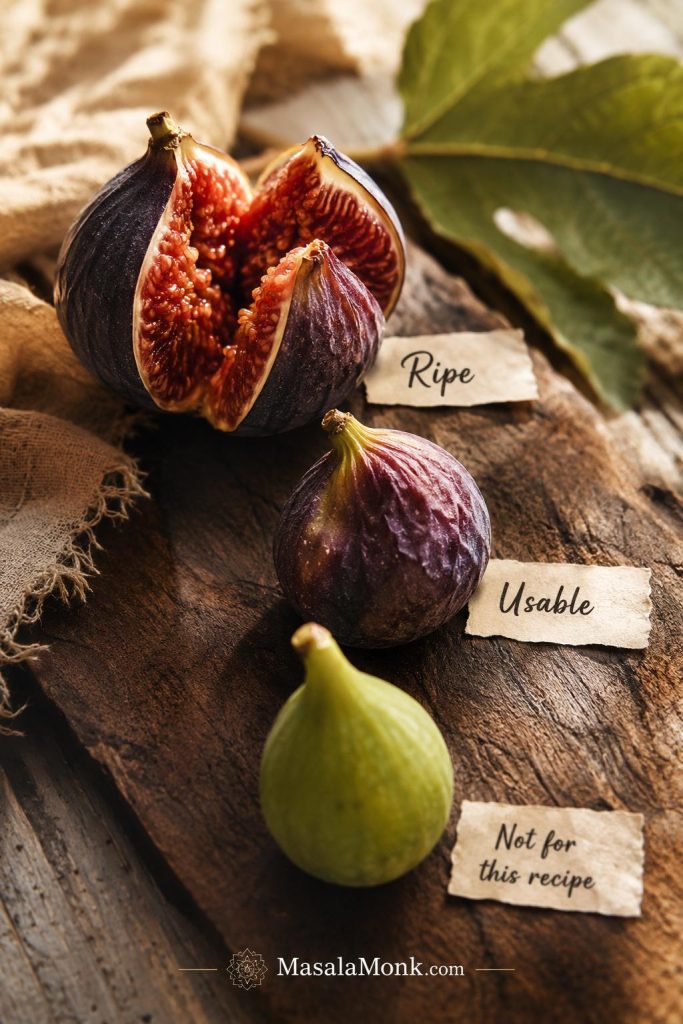 Fresh fig ripeness guide showing ripe, usable wrinkled, and hard unripe figs for jam.