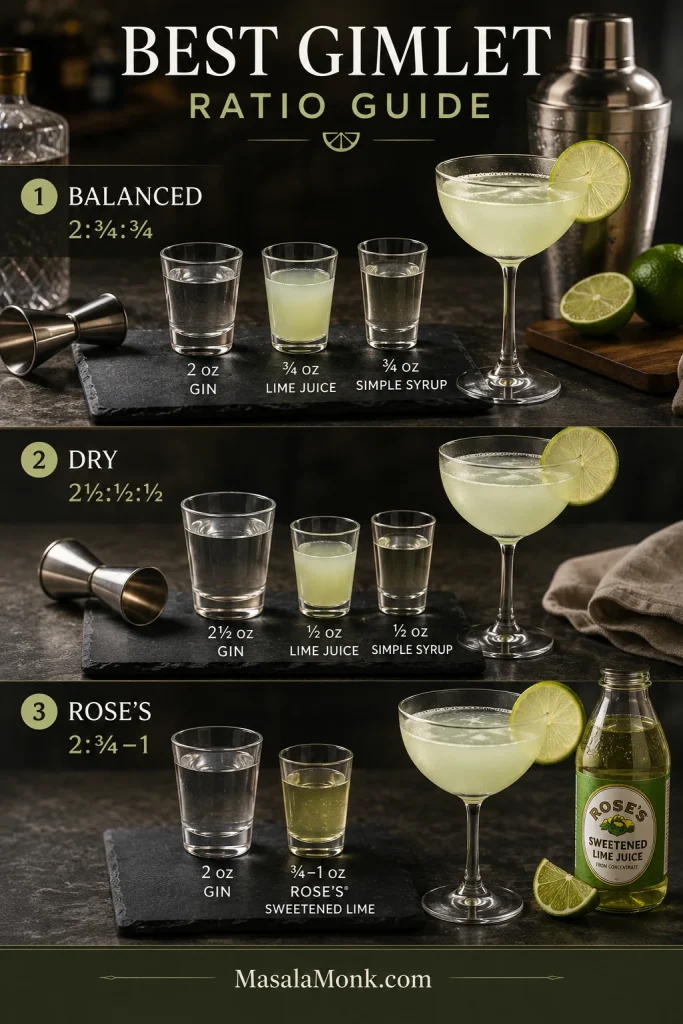 Gimlet ratio guide showing Balanced 2:¾:¾, Dry 2½:½:½, and Rose’s 2:¾–1 builds with measured ingredients.
