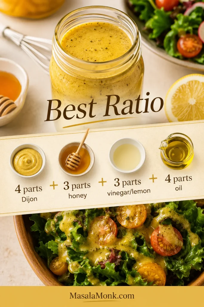Honey mustard dressing ratio graphic showing four parts Dijon mustard, three parts honey, three parts vinegar or lemon juice, and four parts oil.
