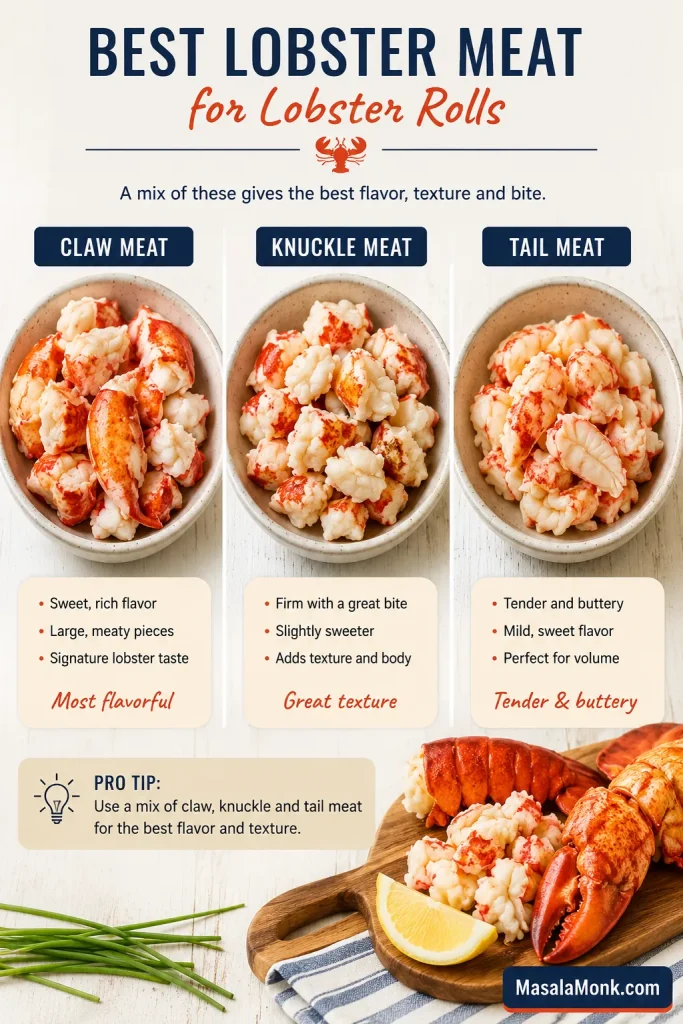 Three bowls of lobster meat labeled claw meat, knuckle meat, and tail meat for comparing lobster roll filling options.