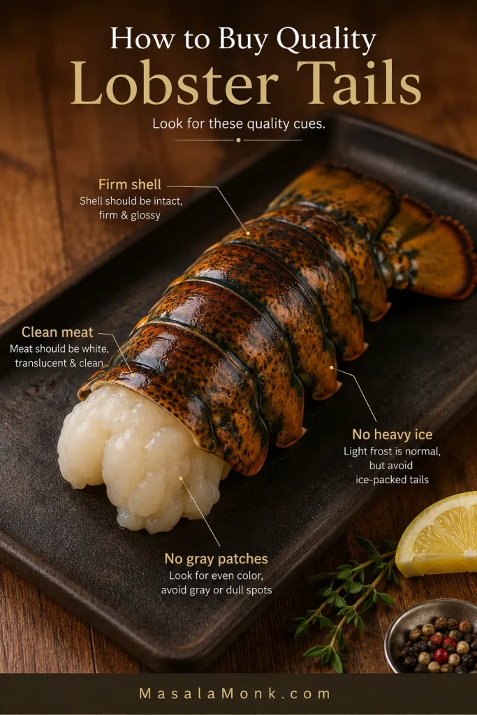 Clean firm lobster tail with callouts for firm shell, clean meat, no heavy ice, and no gray patches.