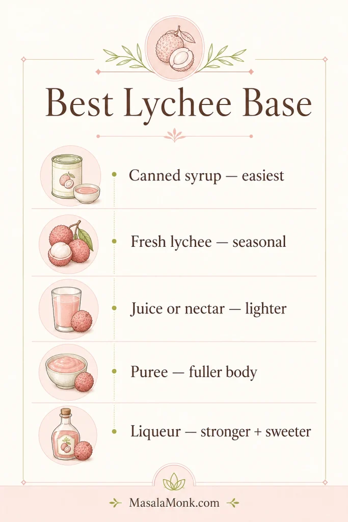 Chart comparing canned lychee syrup, fresh lychee, juice or nectar, puree, and liqueur for making lychee martinis.