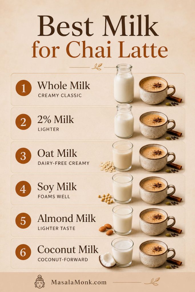 Best Milk for Chai Latte comparison board showing whole milk, 2 percent milk, oat milk, soy milk, almond milk, and coconut milk with short use notes.