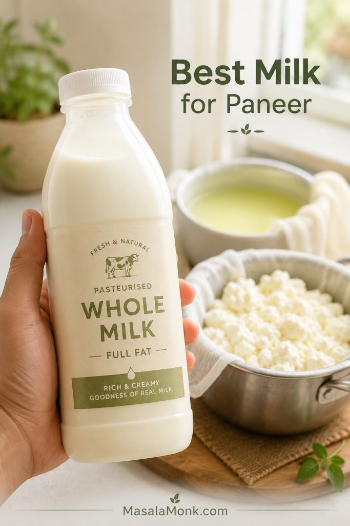 Generic whole milk carton held near soft paneer curds, muslin, and whey in a bright kitchen.