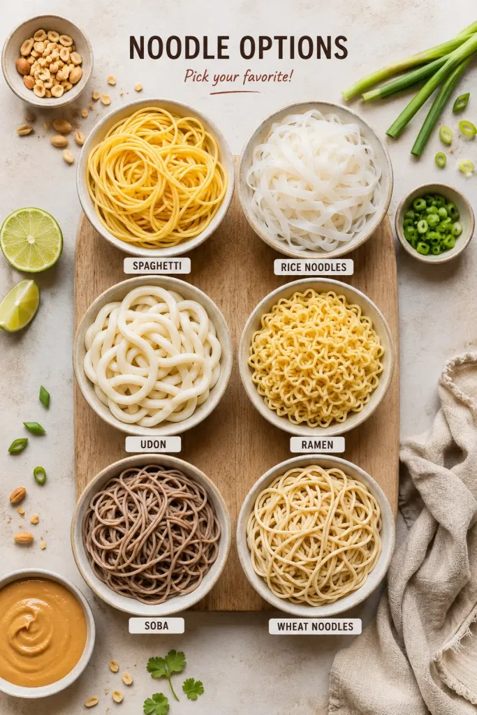 Bowls of spaghetti, rice noodles, udon, ramen, soba, and wheat noodles arranged on a board