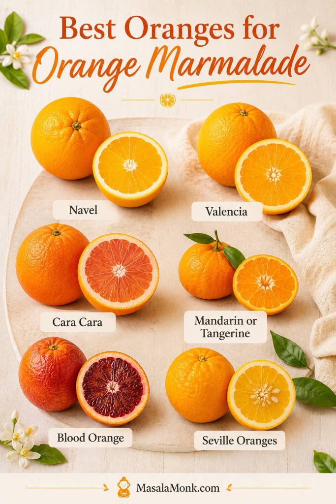 Labeled guide showing navel, Valencia, Cara Cara, mandarin or tangerine, blood orange, and Seville oranges for marmalade.