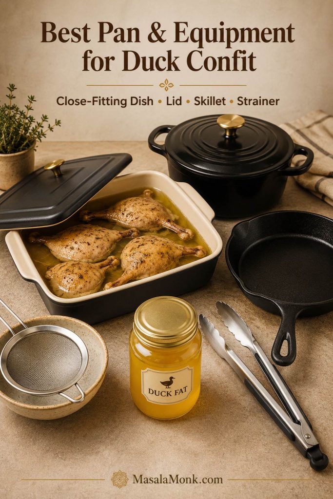 Duck confit equipment setup with a close-fitting baking dish, Dutch oven, skillet, strainer, tongs, and jar of duck fat.