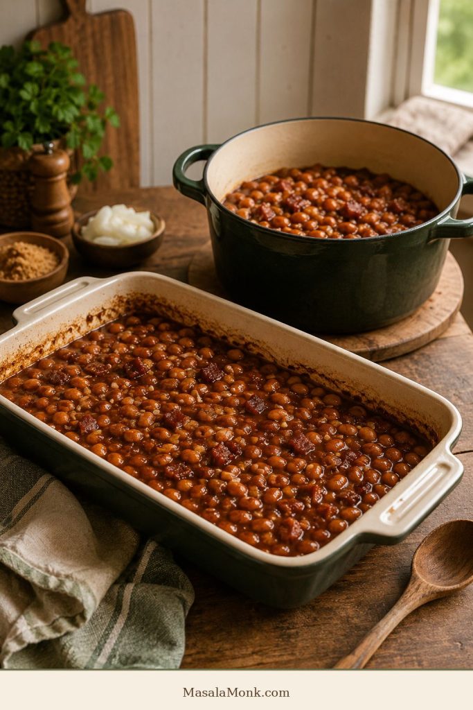 Wide baking dish and Dutch oven shown as baked beans pan options.