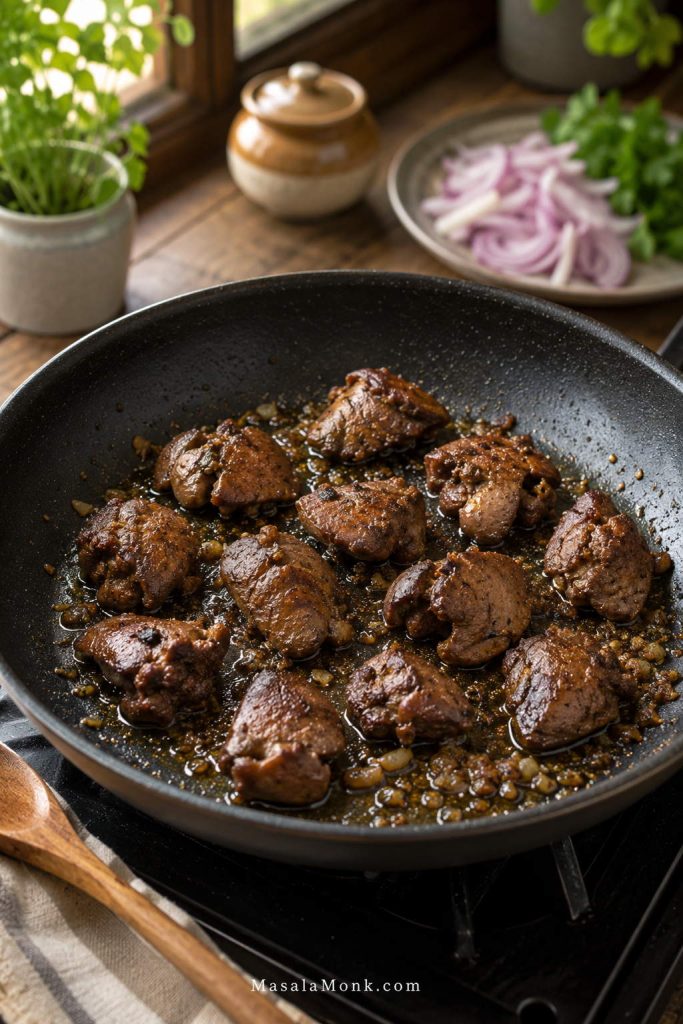 Chicken livers cooking with space between the pieces in a skillet with light oil bubbling.
