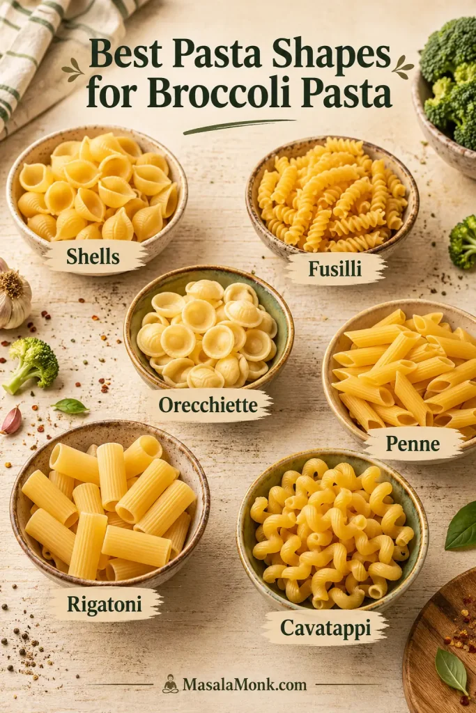 Six bowls of dry pasta labeled Shells, Fusilli, Orecchiette, Penne, Rigatoni, and Cavatappi under the heading “Best Pasta Shapes for Broccoli Pasta.”