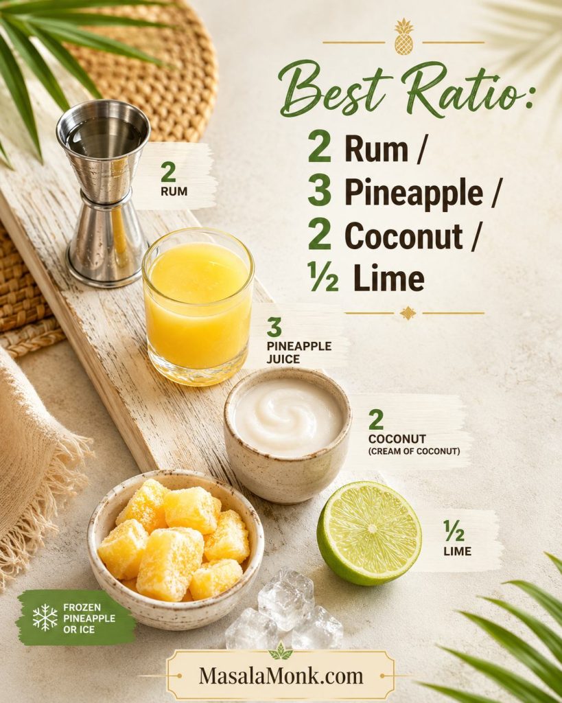 Measured pina colada ingredients showing rum, pineapple juice, cream of coconut, lime, and frozen fruit with a best ratio guide.