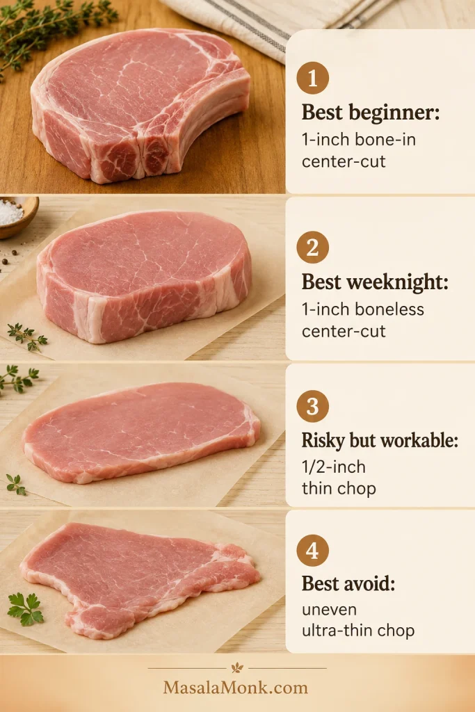 Raw bone-in, boneless, thin, and uneven pork chops shown as a visual guide for air fryer cooking.