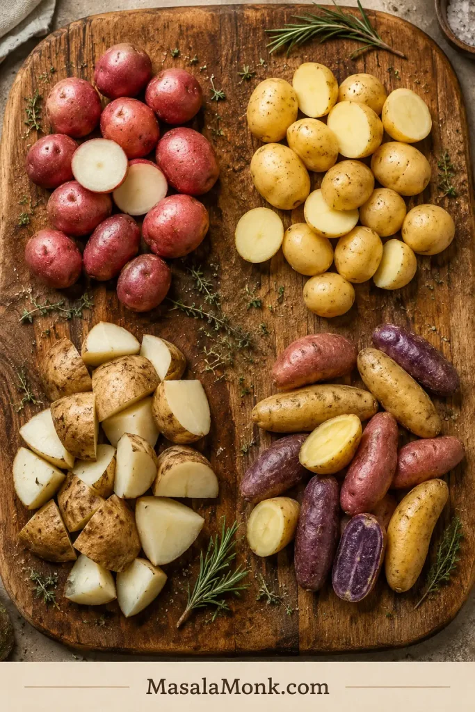 Red potatoes, yellow baby potatoes, russet chunks, and fingerling potatoes arranged in separate groups on a wooden board.