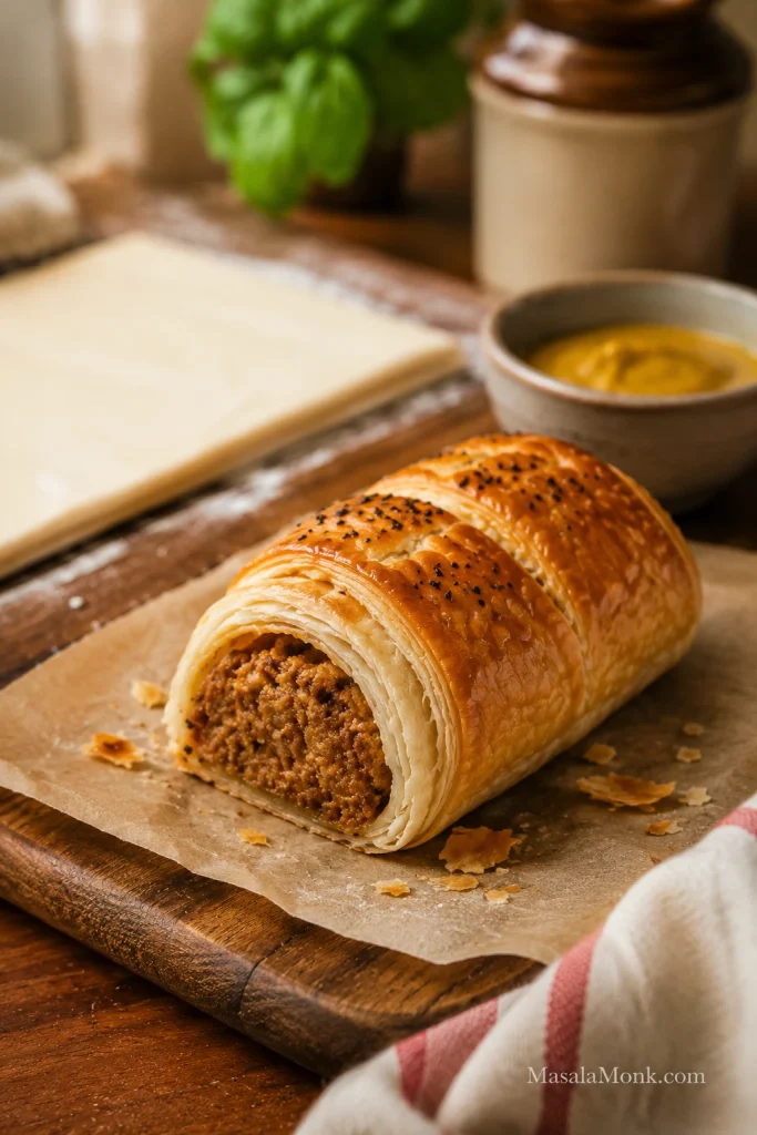 Close-up of a baked sausage roll with flaky puff pastry layers and cooked sausage filling on parchment.