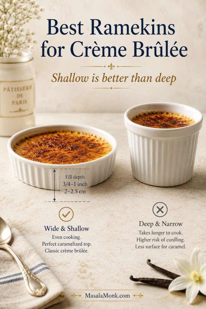 Side comparison of a shallow wide ramekin and a deeper ramekin for baking crème brûlée evenly.