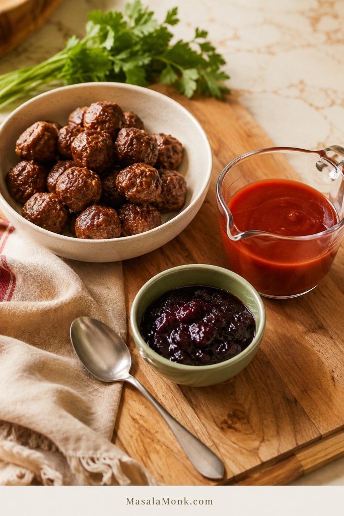 Measured ingredients for the best grape jelly meatball ratio with grape jelly, chili sauce, cooked meatballs, and a spoon.