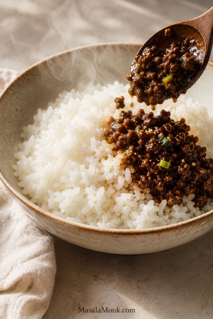 Close-up of fluffy white rice in a ceramic bowl with a small amount of saucy ground beef being added to one side.