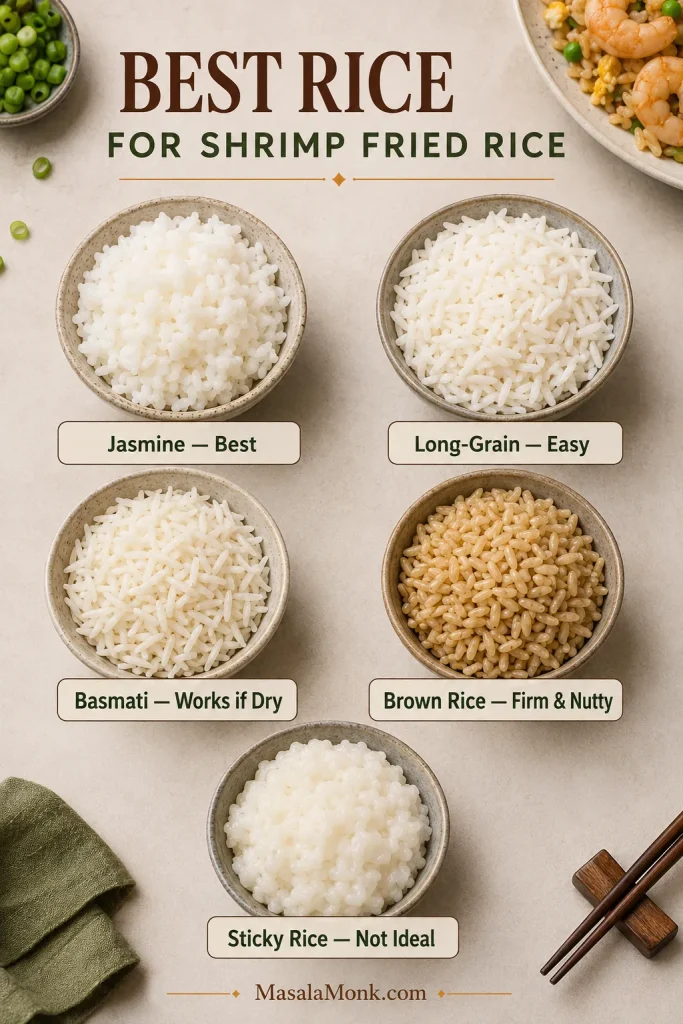 Comparison board with bowls labeled jasmine rice, long-grain rice, basmati rice, brown rice, and sticky rice for fried rice.