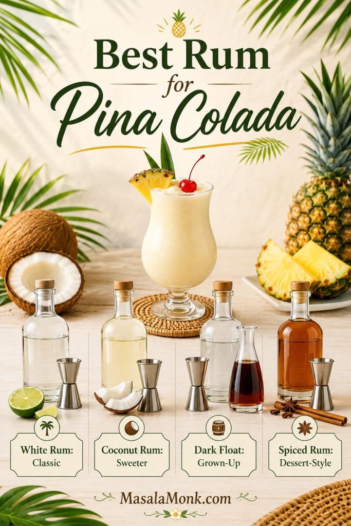 Rum chooser graphic for pina colada with white rum, coconut rum, dark rum float, and spiced rum options.