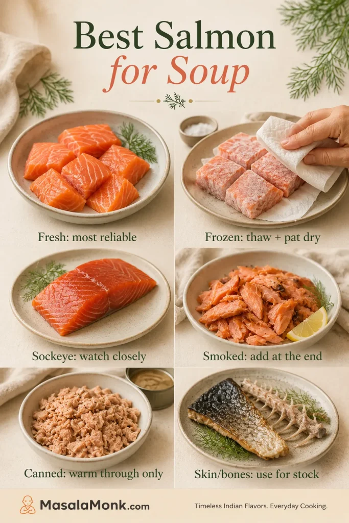 Guide showing fresh salmon, thawed frozen salmon, sockeye salmon, smoked salmon, canned salmon, and salmon skin or bones for stock.