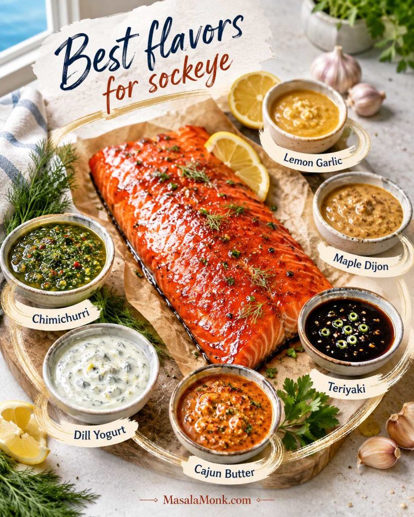 Baked sockeye salmon surrounded by lemon garlic, maple Dijon, teriyaki, Cajun butter, dill yogurt, and chimichurri sauces.