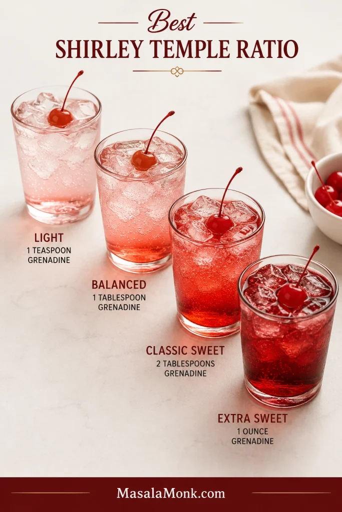 Four Shirley Temple glasses showing light, balanced, classic sweet, and extra sweet grenadine ratios.