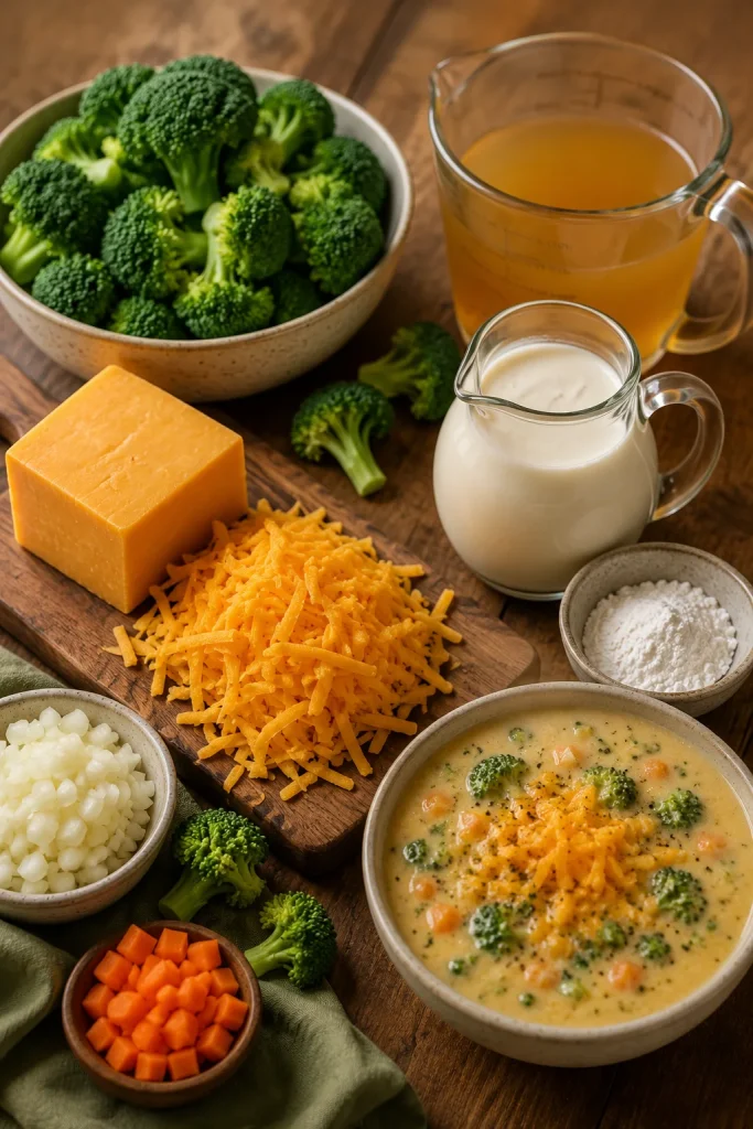 Fresh broccoli, shredded cheddar, broth, cream, cornstarch, and a small bowl of broccoli cheese soup arranged on a wooden board.