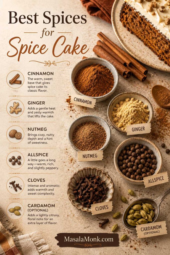 Spice blend guide with labeled bowls of cinnamon, ginger, nutmeg, allspice, cloves, and cardamom for spice cake.