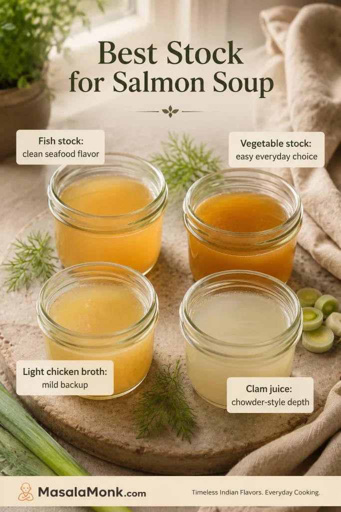 Jars and bowls of fish stock, vegetable stock, light chicken broth, and clam juice for salmon soup.